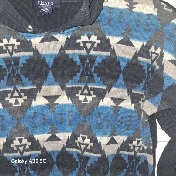 Chaps Woman's Hooded Pullover Sweater Black & Blue Aztec Print 100% Cotton L - Picture 2 of 4
